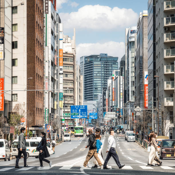 Tokyo, Japan - Side view as pedestrians walk on a crosswalk on a road between Shinjuku and Ikebukuro in central Tokyo.