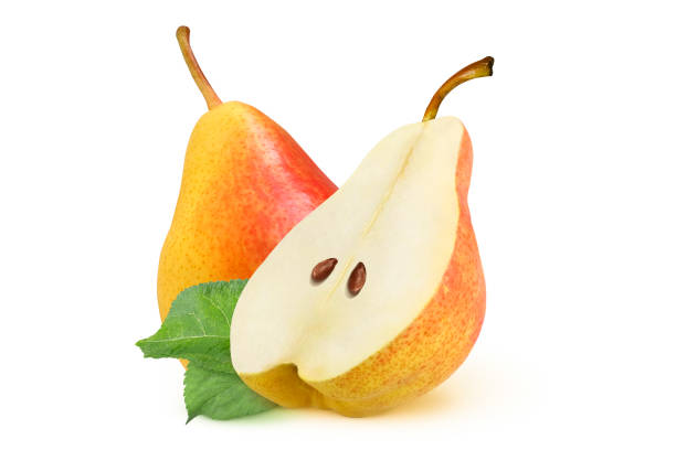 istock Red and yellow pears on isolated white background. Slice and whole pear with leaves 2193896606