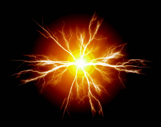 Explosion of pure power and electricity in the dark glowing and crackling in darkness creating powerful light