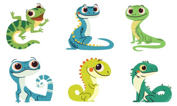 Set of flat vector illustrations in simple child style on white background. Cute lizards with big eyes