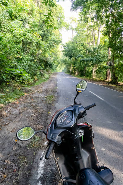 istock scooty two wheeler journey on empty forest road with lush green 2193901873