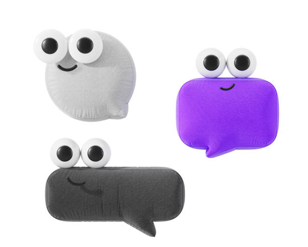 Three adorable chat bubble characters with large googly eyes and smiling faces, isolated on a clean white background, concept of fun communication. 3D Rendering.