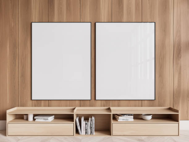 istock Minimalist interior with two empty frames and shelves on wooden wall. 3D Rendering 2193904447