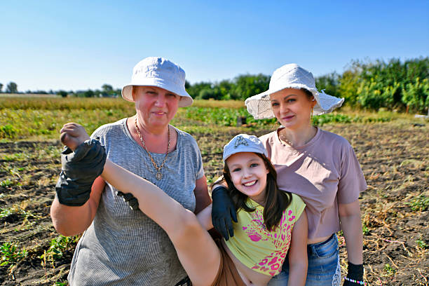 Women grandmother, daughter and granddaughter collect autumn potato harvest. Eastern Ukraine.