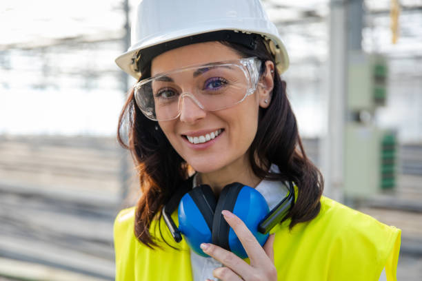 istock Smiling caucasian young female engineer in protective glasses 2193907657