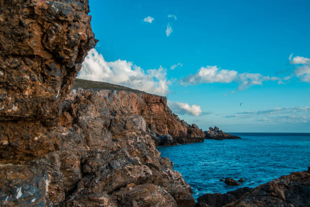 Rocky cliffs with jagged textures meet a calm blue sea under a bright sky with scattered clouds. A distant bird adds movement to the natural scene.