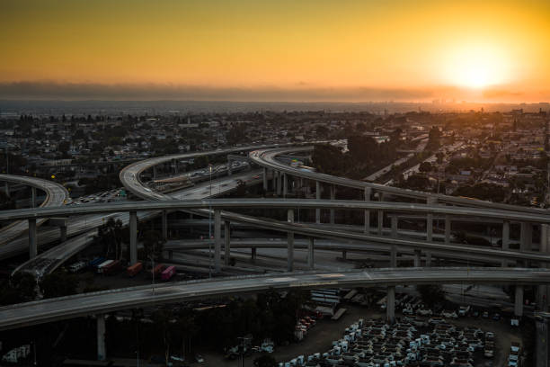 Aerial still image of the Judge Harry Pregerson Interchange, a five-level stack interchange near Athens, Los Angeles, California.\n\nAuthorization was obtained from the FAA for this operation in restricted airspace.