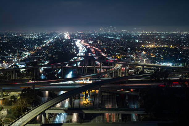Aerial still image of the Judge Harry Pregerson Interchange, a five-level stack interchange near Athens, Los Angeles, California.\n\nAuthorization was obtained from the FAA for this operation in restricted airspace.