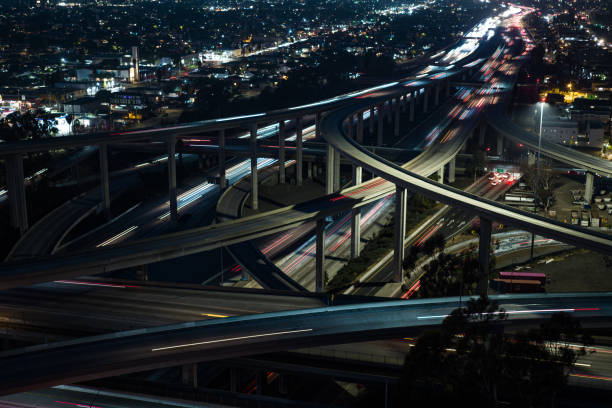 Aerial still image of the Judge Harry Pregerson Interchange, a five-level stack interchange near Athens, Los Angeles, California.\n\nAuthorization was obtained from the FAA for this operation in restricted airspace.