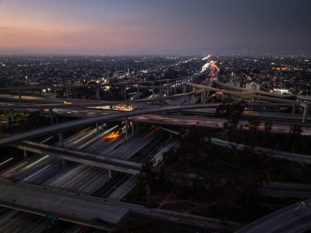 Aerial still image of the Judge Harry Pregerson Interchange, a five-level stack interchange near Athens, Los Angeles, California.\n\nAuthorization was obtained from the FAA for this operation in restricted airspace.