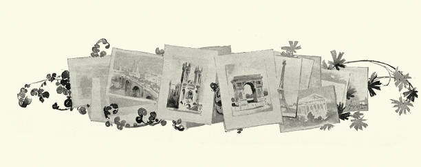 Famous places, Arc de Triomphe, Eiffel Tower,. Westminster Abbey, Paris and London, 1890s vintage illustration