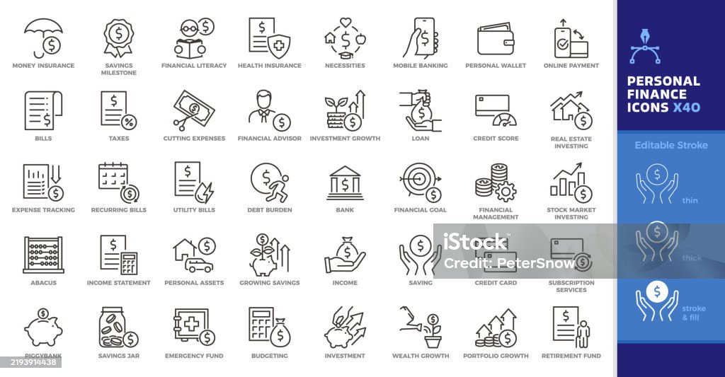 Ensemble d’icônes de ligne mince de finances personnelles. Trait modifiable vectoriel. Épargne, investissement, gestion de l’argent. - clipart vectoriel de Icône libre de droits Ensemble d’icônes de ligne mince de finances personnelles. Trait modifiable vectoriel. Épargne, investissement, gestion de l’argent. - clipart vectoriel de Icône libre de droits