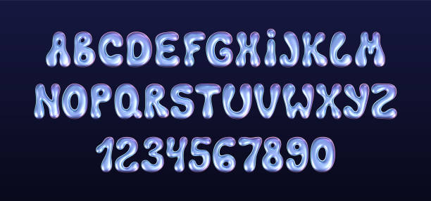 istock 3d holographic liquid font in y2k style isolated on a dark background. Render of 3d neon inflated iridescent alphabet and numbers with rainbow effect. 3d vector y2k hologram set of letters 2193919946