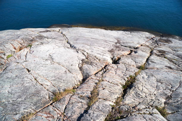 View of rocky coast line with sea algae at low tide clear blue water. In the north on the shore of the rocky coast of cold sea.
