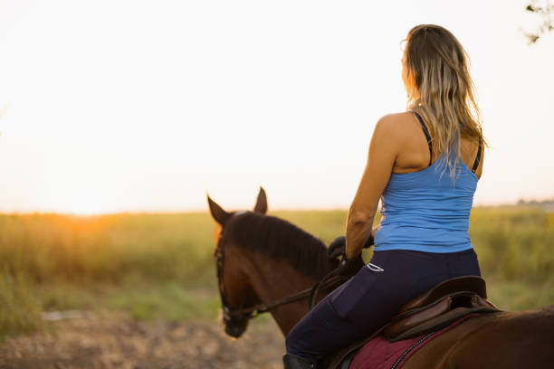 front view two happy smiling women leisure riders on their beautiful horses riding together in gallop outdoors over meadow in rural landscape on sunny day in autumn accompanied by dog