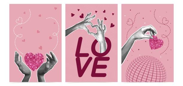 istock A set of trendy halftone collages. Postcards in collage style for Valentine's Day, March 8. Heart shaped hand image, hand with glitter heart.Fashionable modern retro illustration in mixed technique 2193954404