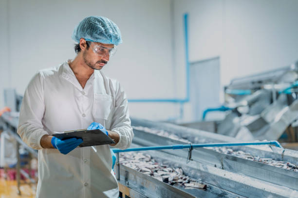 istock scientist Worker inspecting fish seafood processing equipment in a clean manufacturing setup Highlights of food quality assurance workflow efficiency and industrial technology. 2193955758