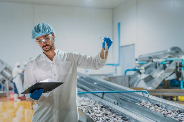 istock scientist Technician conducting quality checks on a fish seafood production line Emphasis on hygiene food safety and precision in modern industrial workflows factory. 2193955814