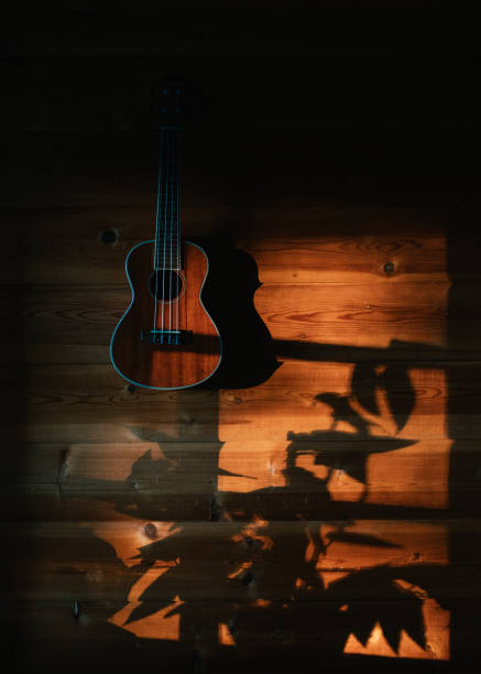 istock Ukulele on a wooden wall in a Swedish mountain cabin with leaf s 2193960347