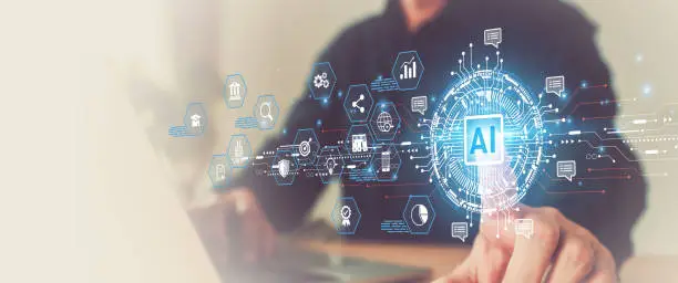 Photo of Hand and virtual AI technology analyzing for brain digital system development or big data knowledge learning innovation or future digital transformation and strategy for business management.