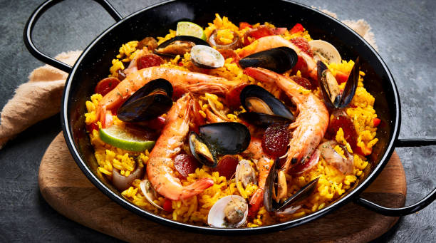 istock Seafood Paella on gray background. 2193971583