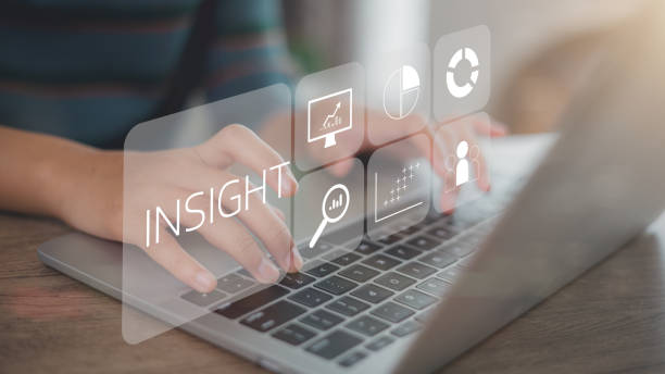 istock Women use a laptop with insight icons on a virtual screen. Using customer insight to build strong customer relationships and increase customer loyalty. Customer insight marketing concept. 2193972148