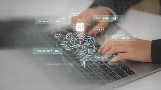 Photo of Chatbot Chat with AI, using technology smart robot AI, a data analyst using technology AI as a working tool for data analysis artificial intelligence to generate something or help solve work problems.