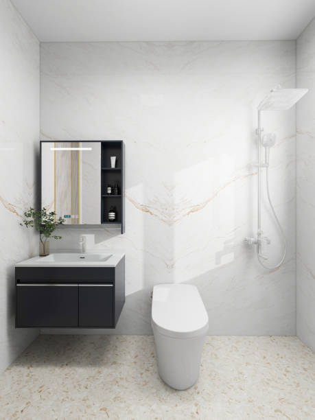 istock A modern minimalist bathroom with a sleek design style, featuring a wall-mounted black vanity with a white countertop, a large mirror with built-in shelving, a white toilet, and a rainfall showerhead. 2193974650