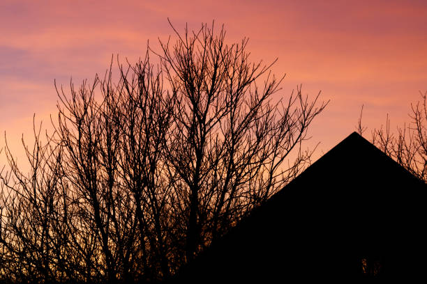 A house is silhouetted against a pink and orange sky. The house is dark and the sky is bright