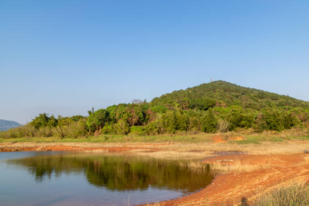 Mountains and islands by the lake on a sunny day