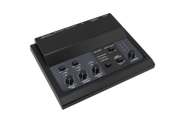 istock Interface with dials and button for control sound. External sound card close up isolated on white background. 2193978697