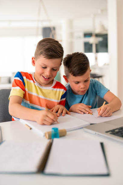 istock Focused Elementary Age Brothers Writing And Studying Together At Home 2193979254