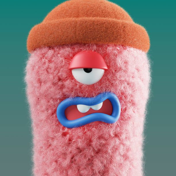 3d fluffy comic character fur face texture with emotion expression render. Cartoon fuzzy curly head in hat with color eye, mouth and teeth. Cute furry wool mascot tired, sleepy, bored. 3D illustration