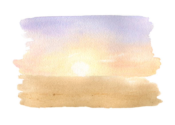 istock Golden sand and dunes at sunrise watercolor landscape isolated on white. Scenery gradient sky in soft sienna, orange, and violet hand drawn. Desert scenery sun at horizon. Hot wilderness in sketch. 2193994985
