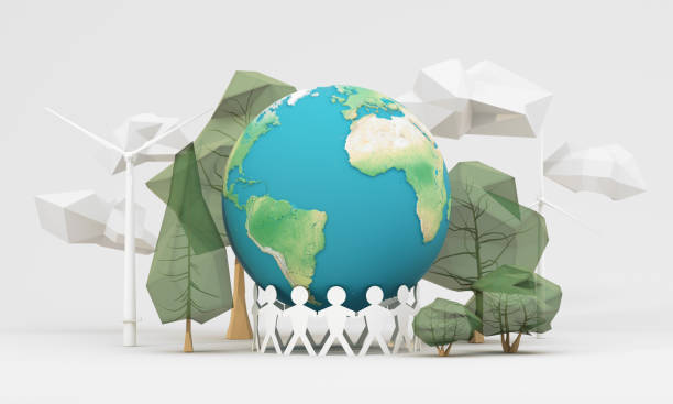 istock Illustration of global unity and sustainability, featuring Earth, trees, wind turbines, and connected figures promoting eco-friendly collaboration. 3d rendering. 2193995361