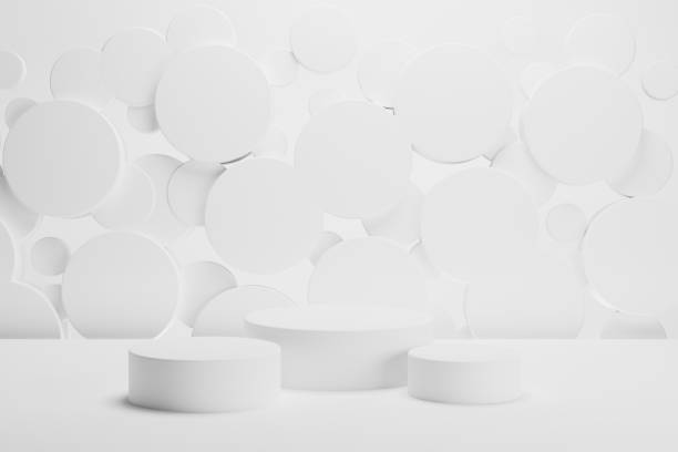 istock Three white round podiums on abstract stage mockup. Soft light shining flying circles decor. Template 3D illustration modern scene for presentation cosmetic products, goods, branding, sale, display. 2193996527