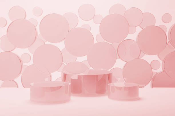 istock Pink abstract stage mockup, three plastic smooth round podiums, flying circles decor. Template 3D illustration scene in modern, fashion style for presentation cosmetic products, goods, advertising. 2193996580