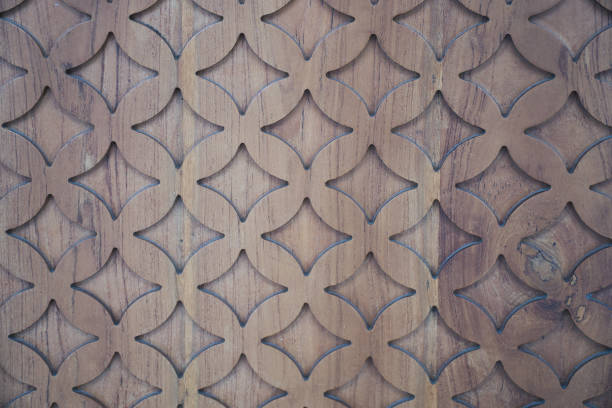 Carved Wood Panel with Typical Yogyakarta Kawung Carving Pattern. Ideal for design inspiration or backgrounds representing craftsmanship, traditional aesthetics, and symmetrical elegance