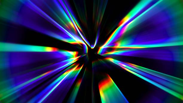 istock Abstract distortion refraction of rainbow rays with spectral gradient and glow effect through lens on black background. Transparent glare light dispersion effect of rainbows colorful beams. 3d render 2194001370