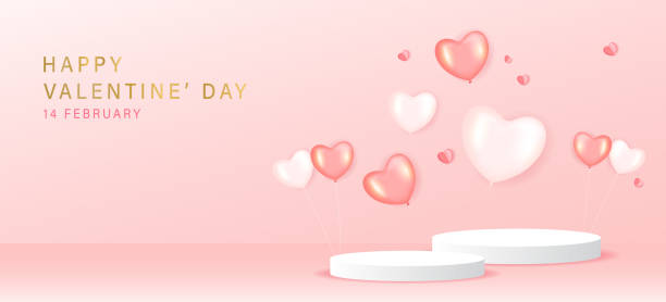 istock Happy valentines day and stage podium decorated with heart shape balloon. pedestal scene with for product, cosmetic, advertising, show, award ceremony, on pink background and light. vector design. 2194003045