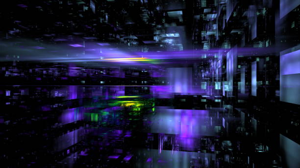 istock Vivid colors and geometric patterns create a dynamic digital landscape. Bright lights and reflections add depth, giving an impression of a high-tech, futuristic world filled with energy. 3d render 2194003263