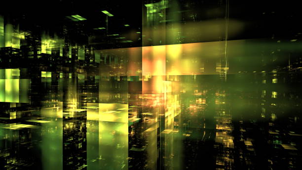 istock This artwork presents a captivating blend of green and yellow light emanating from tall structures, evoking a vibrant and futuristic cityscape, filled with dynamic energy and abstract forms. 3d render 2194003267