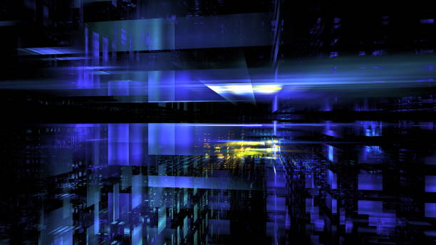 istock Colorful geometric shapes and lines dominate this abstract digital landscape, featuring vibrant blue and yellow hues that create a sense of movement and energy in a dark environment. 3d render 2194003268