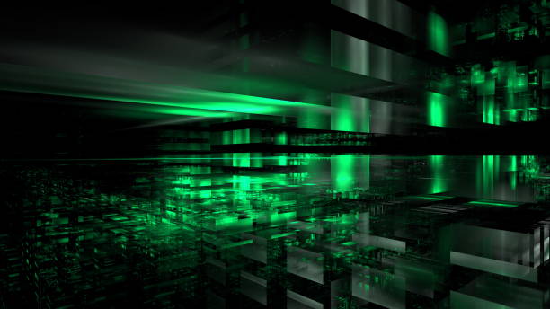 istock vibrant digital landscape features illuminated green geometric shapes emerging from a dark background, creating a sense of depth and movement within the abstract design. 3d render 2194003270