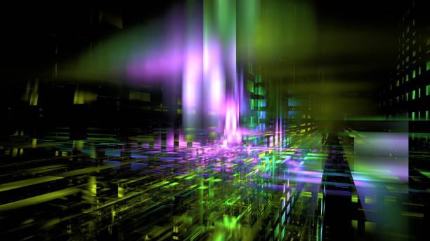 istock Dynamic patterns of colorful light spread across a dark digital landscape, creating a vibrant and mesmerizing atmosphere reminiscent of a futuristic environment. 3d render 2194003271