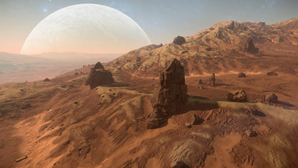 istock Otherworldly landscape features rugged rock formations and a distant giant planet illuminates the sky at dusk, creating a captivating scene of extraterrestrial beauty. 3d render 2194003334