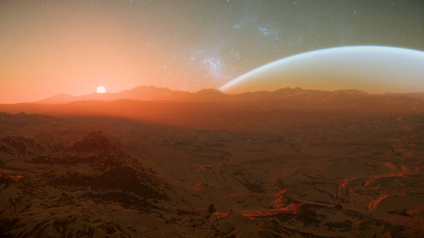 Breathtaking alien landscape is illuminated by the rising sun, casting warm tones over rugged mountains and vast terrains, with a massive celestial body visible in the sky. 3d render