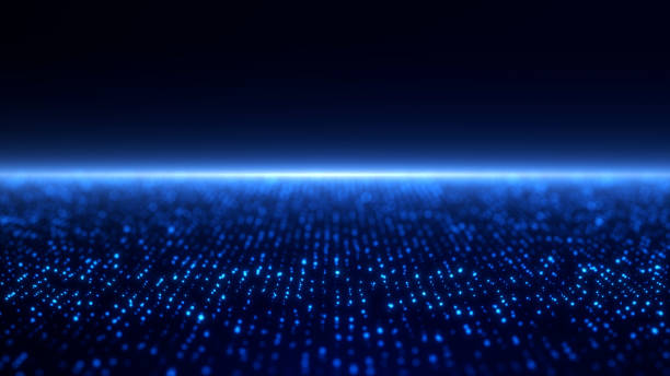 istock Digital sci fi glowing wavy dots on dark technology sunrise background. Flowing shiny fantasy blue particles waves screensaver. 2194003820