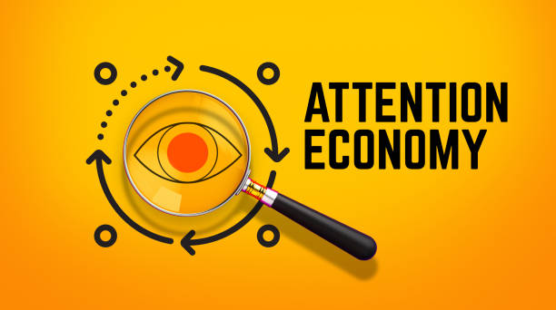 Attention Economy Concept. Focus on Continuous Alerts with a Magnifying Glass Analyzing Circular Arrows Around an Eye. 3D Rendering.