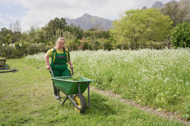 istock Female farmer pushing wheelbarrow in garden 2194004208